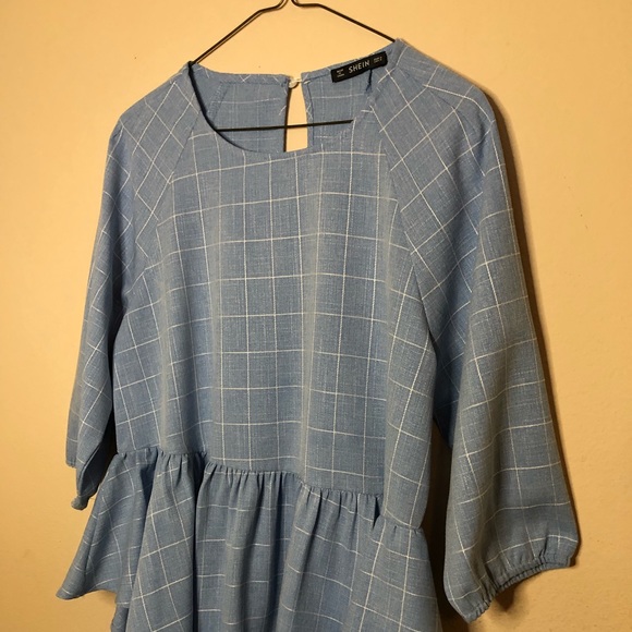 DONATED Shein Powder Blue & White Plaid High Low Peplum Blouse - Picture 2 of 16